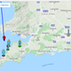 Map showing the trajectory of the meteor and five locations from which it was spotted.